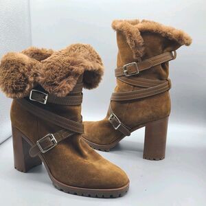 Gianvito Rossi Women Boots Brown Suede Faux Shearling Belted sz 39/US 8.5- 9